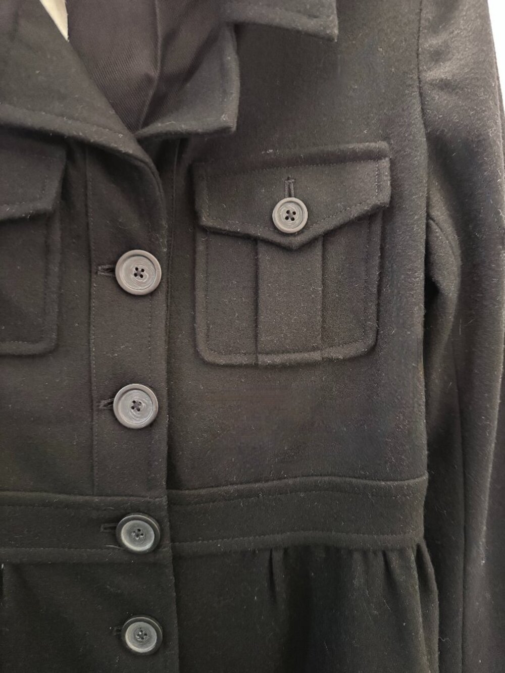 Joie Black Wool Coat, Fit Flare Military Button Front Jacket, Small, Like New - Picture 4 of 10